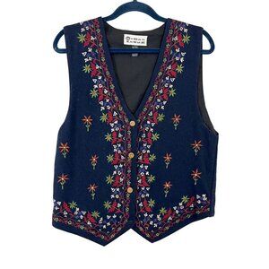 Vintage Navy Wool Floral Embroidered Vest Boho Cottagecore - Size Large